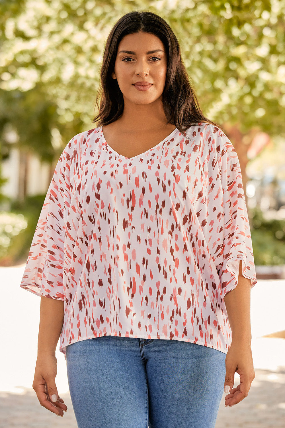 Pink Elegant Polka Dots 3/4 Dolman Sleeve Plus Size Blouse