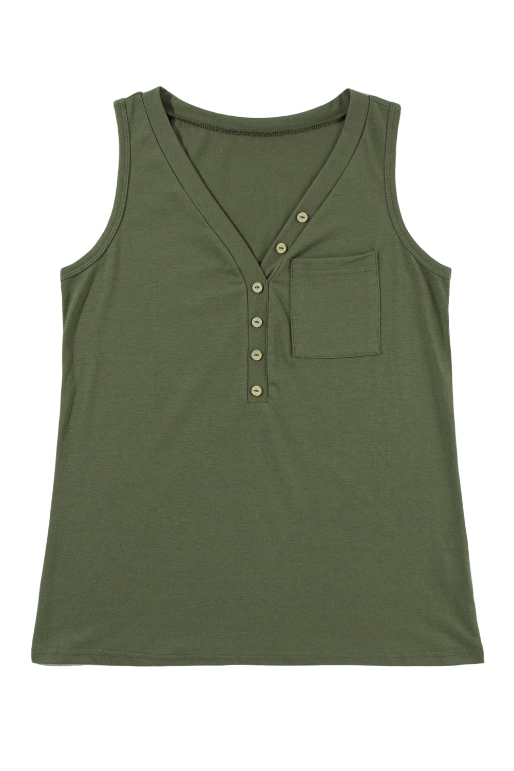 Jungle Green Half Button V Neck Patched Pocket Tank Top