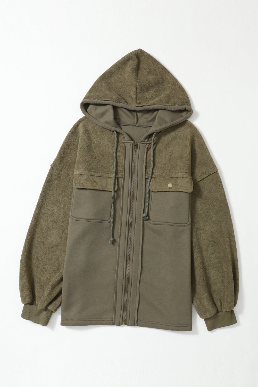 Grey Bishop Sleeve Zip Up Hoodie Jacket with Flap Pockets