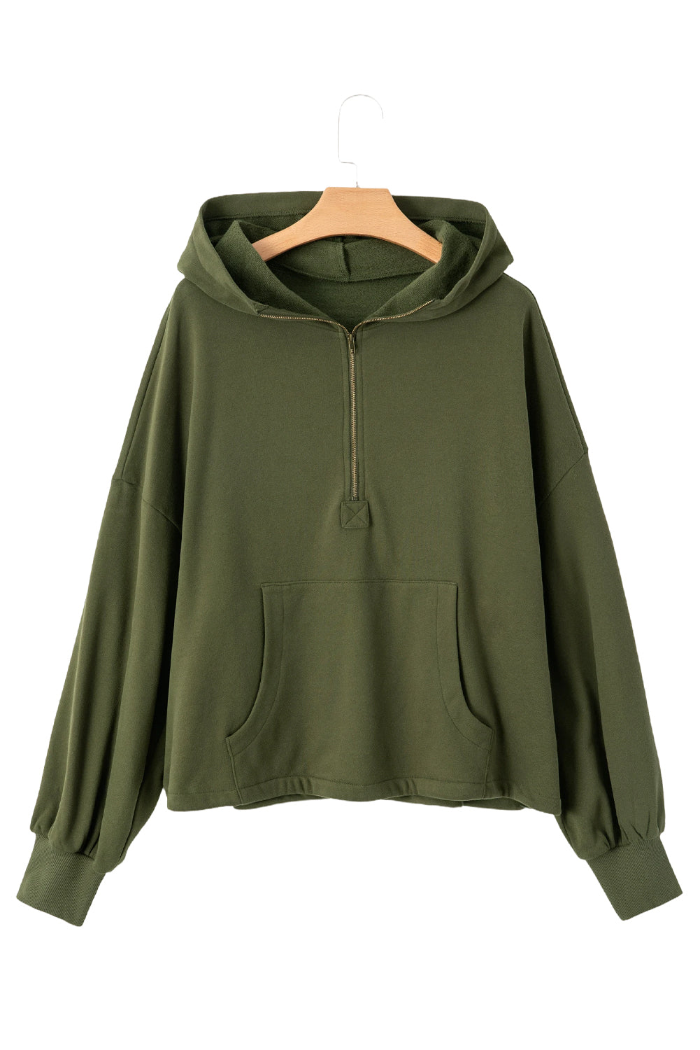 Smoke Green Half Zipper Kangaroo Pockets Drop Shoulder Hoodie