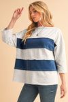 Sail Blue Striped Patchwork 3/4 Sleeves Raw Edge Sweatshirt