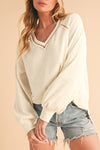 Beige Exposed Seam Crinkle Rib V Neck Pullover Top