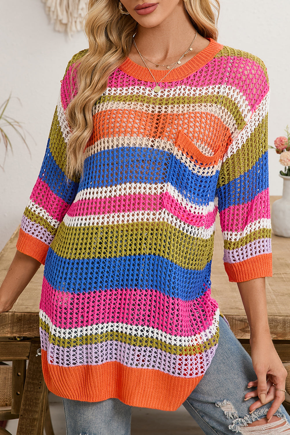 Pink Striped Color Block Hollow Crochet 3/4 Sleeve T Shirt