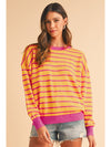 Brown Stripe Round Neck Drop Shoulder Loose Sweater