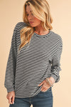 Rose Stripe Round Neck Drop Shoulder Long Sleeve Top