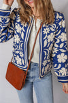 Blue Flower Print Open Front Buttoned Cuffs Jacket