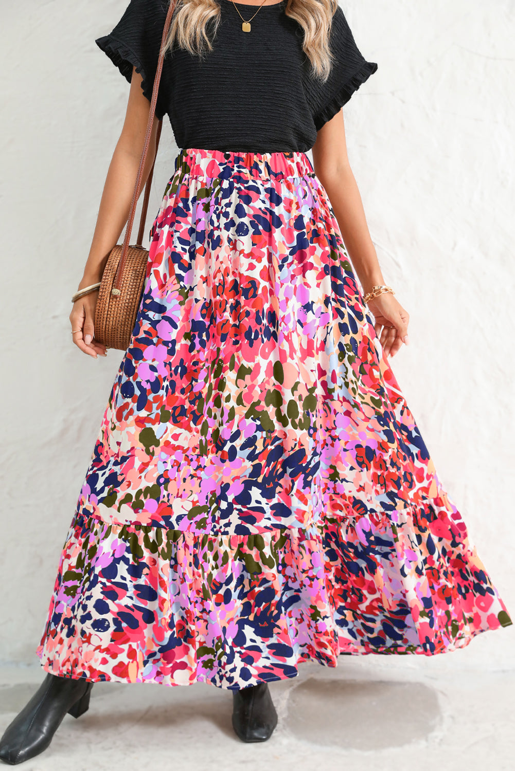 White Abstract Print High Waist Maxi Skirt