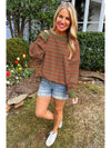 Brown Stripe Round Neck Drop Shoulder Loose Sweater