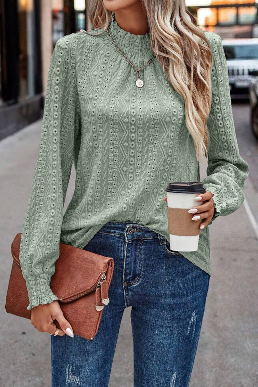 Smoke Green Jacquard Frill Neck Eyelet Long Sleeve Top