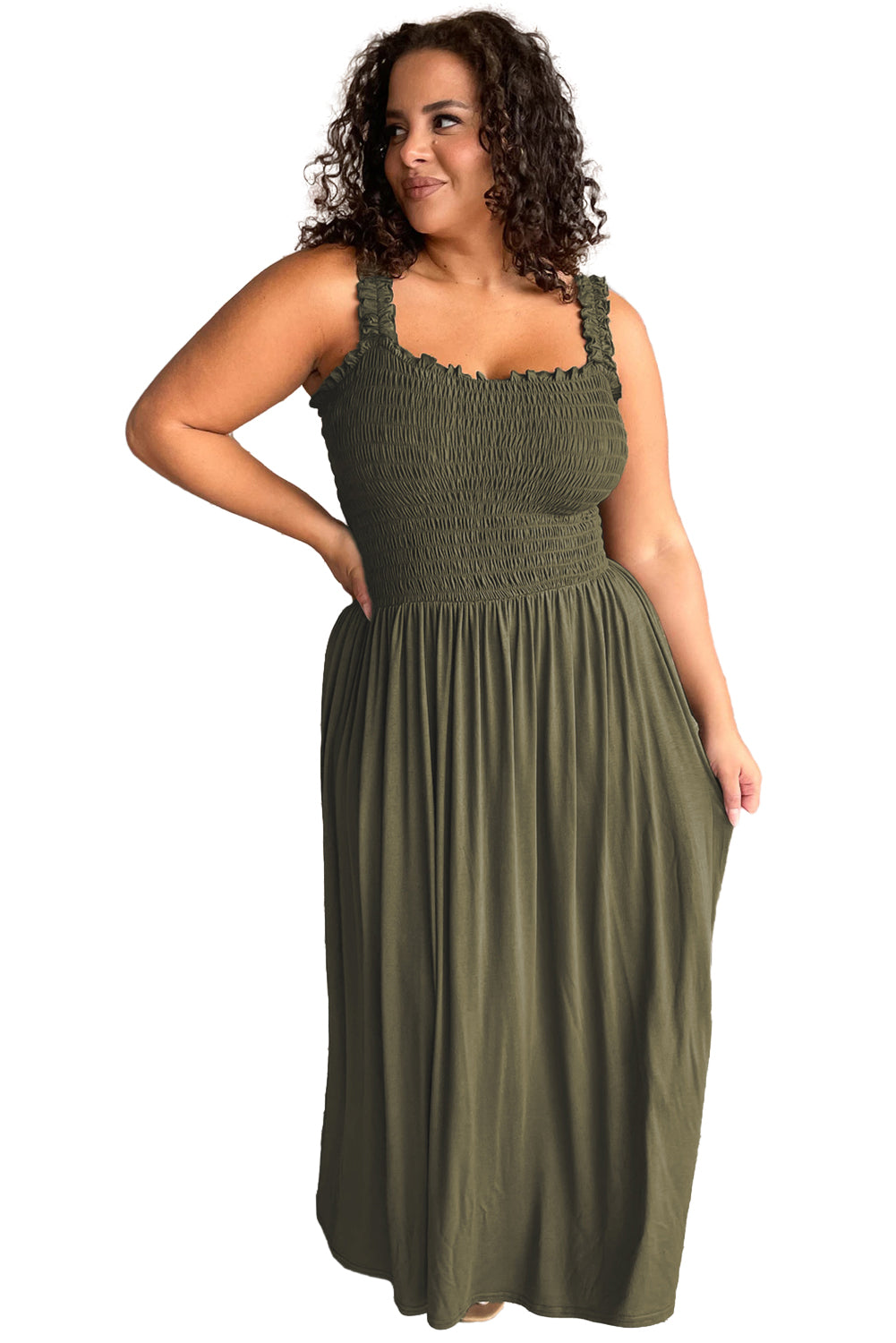 Jungle Green Smocked Frill Trim Straps Plus Size Maxi Dress