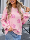 Angel Wings Flower Round Neck Dropped Shoulder Sweater - Cocoa Yacht Club