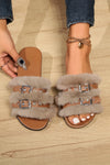 Coffee Plush Patchwork Band Metal Buckle Flat Slide Shoes