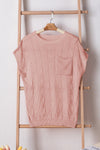 Bright Pink Lattice Textured Knit Chest Pocket Loose Blouse