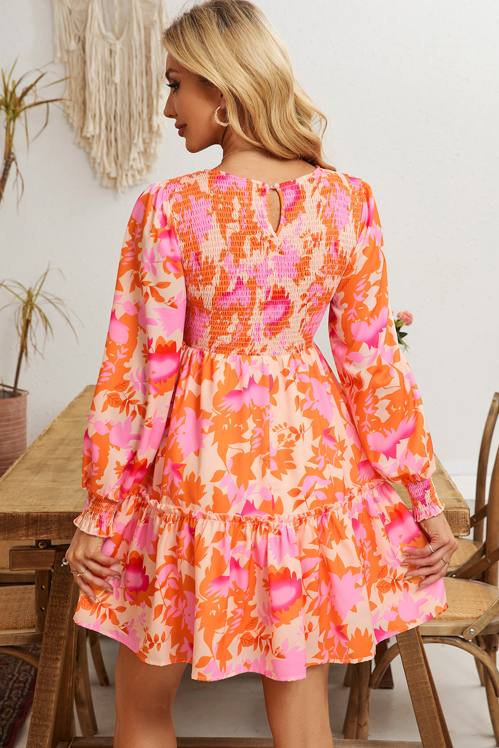 Orange Abstract Print Smocked Bust Lantern Sleeve Ruffle Mini Dress