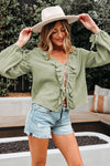 Meadow Mist Green Bow Tie Front Ruffle Trim V Neck Long Sleeve Blouse