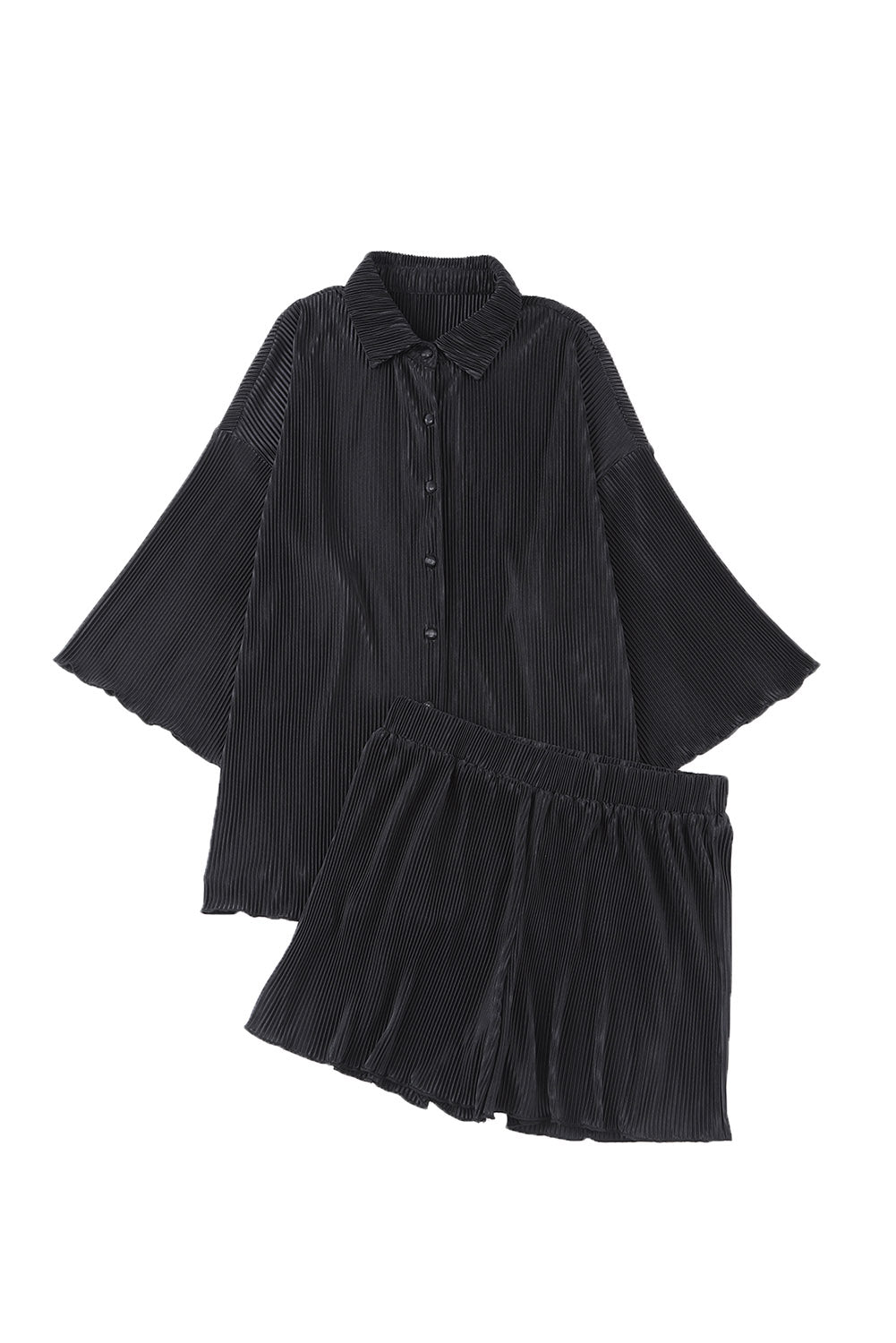 Black Plain Button Up Shirt and High Waisted Shorts Loungewear Set