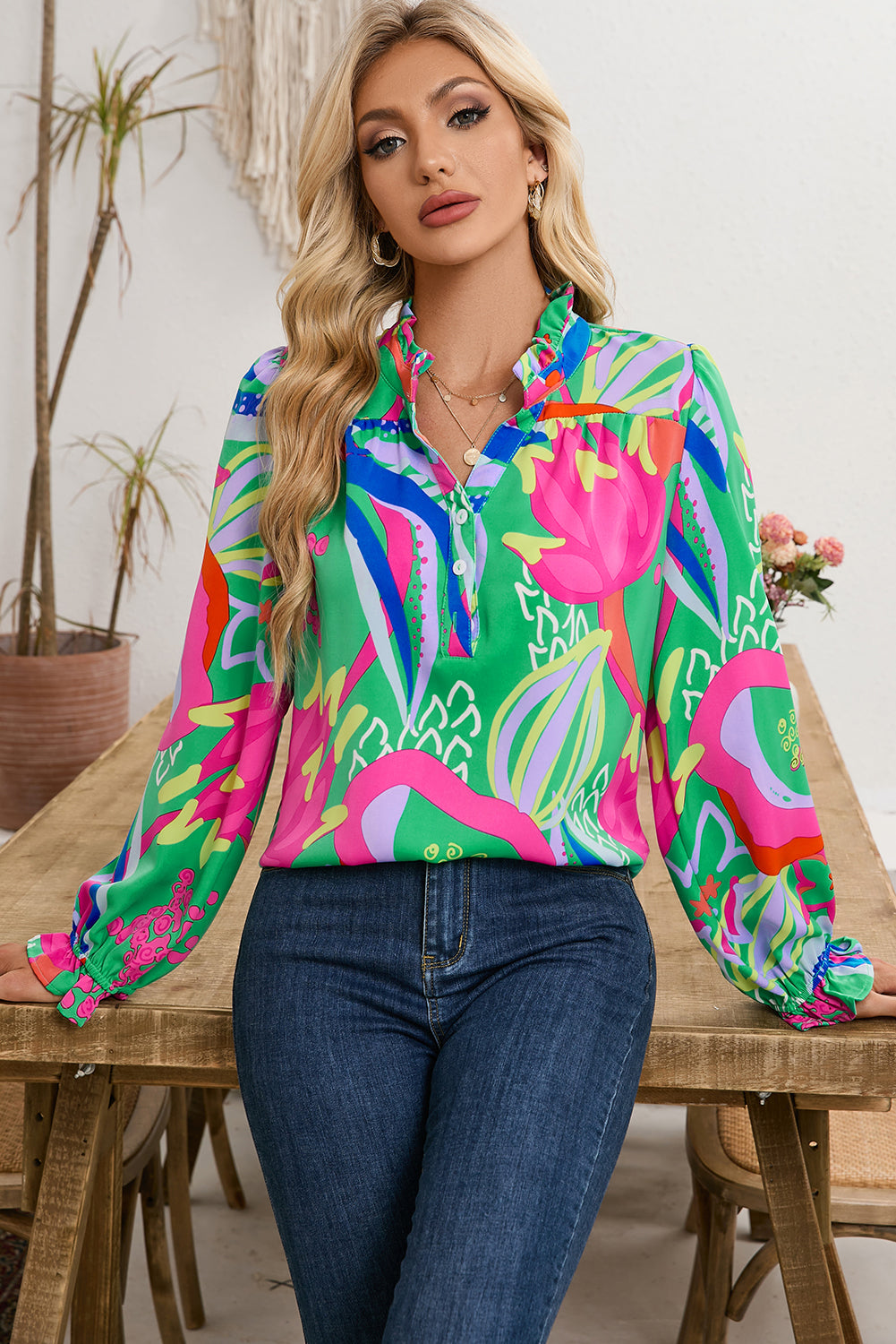 Green Abstract Print Ruffled Sleeve Buttoned V Neck Blouse