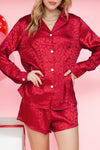 Red Leopard Satin Long Sleeve Top & Shorts Loungewear Set