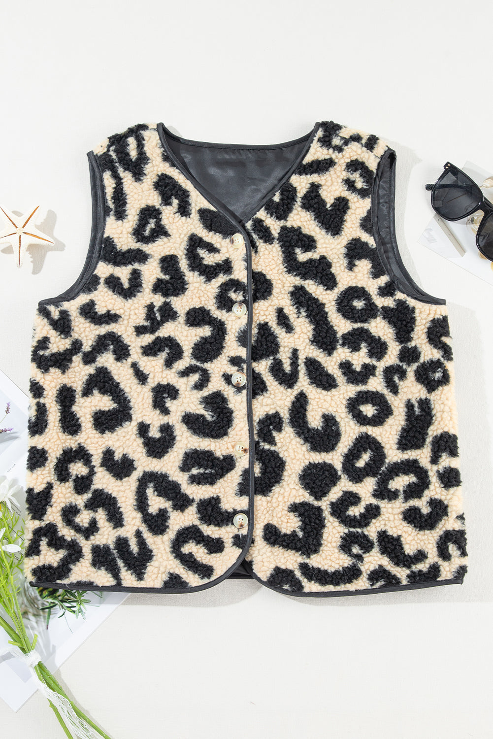 Black Leopard Print Sherpa Button Front Vest Coat