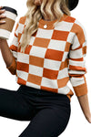 Black Checkered Crew Neck Drop Shoulder Knit Sweater