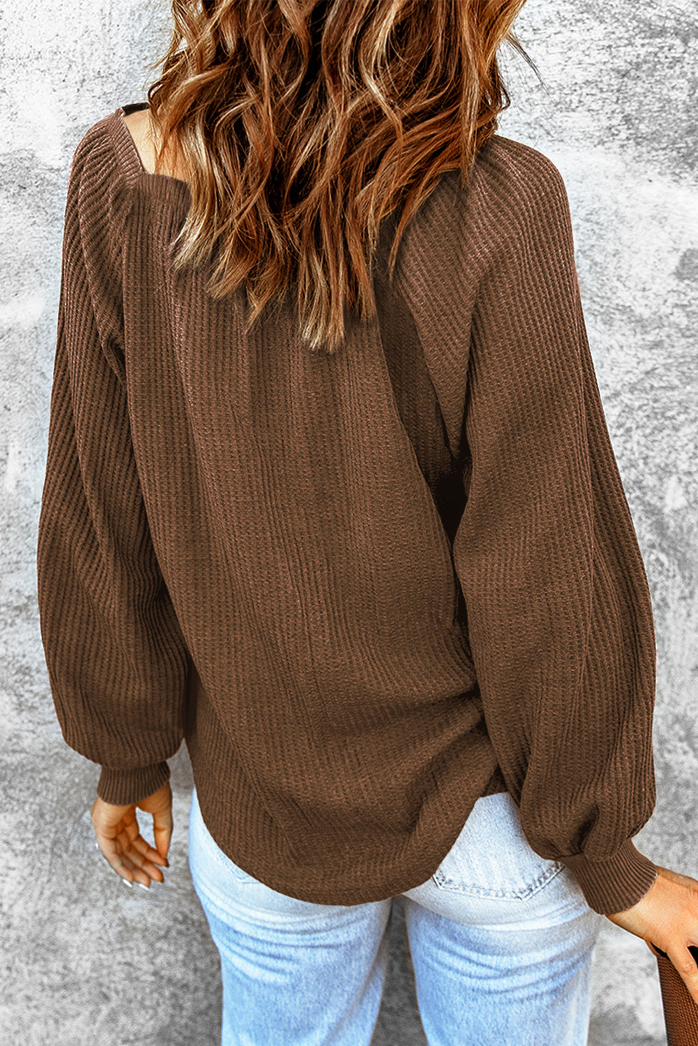 Brown Waffle Texture Casual Square Neck Pullover Top