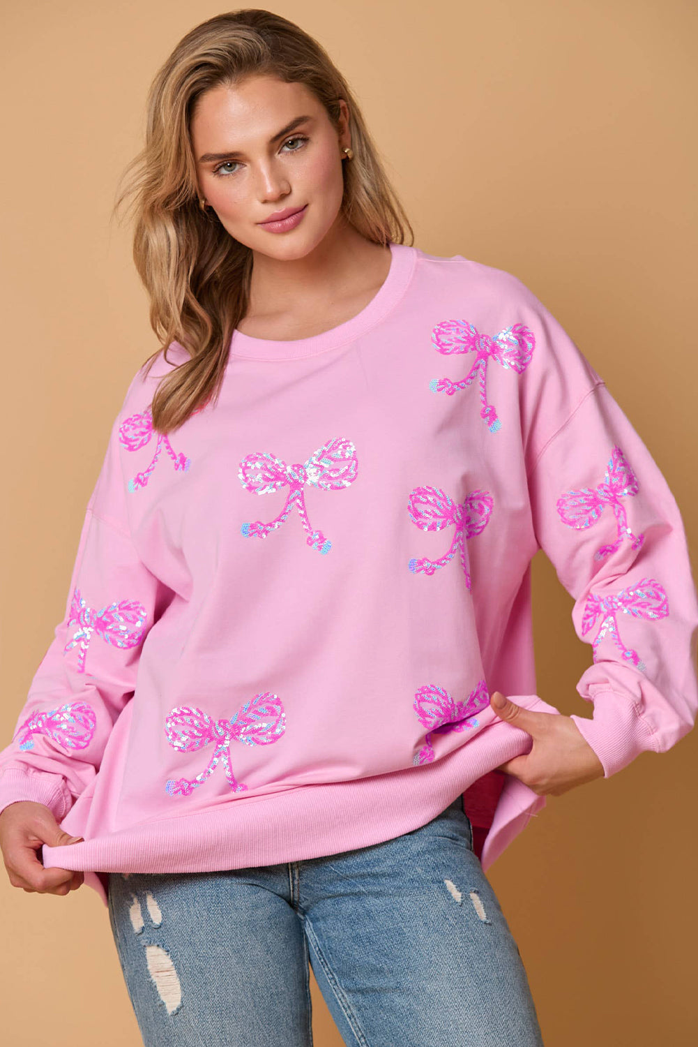 Pink Sequined Bow Graphic Round Neck Drop Sleeve Sweatshirt