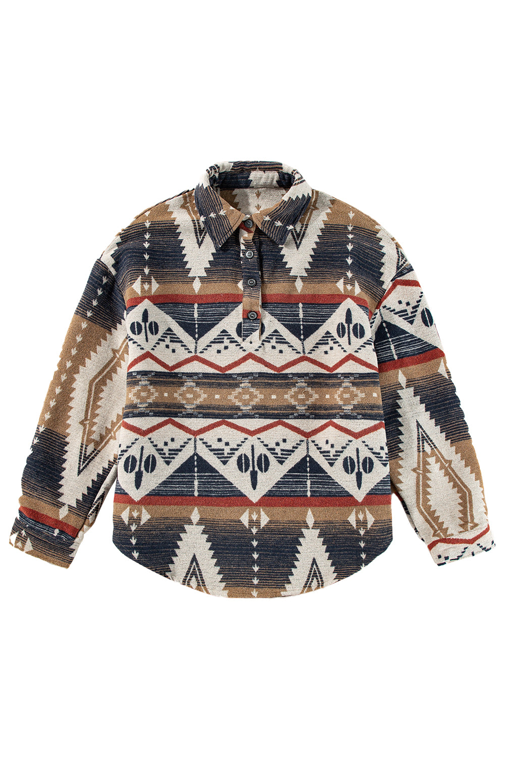 Brown Geometric Print Henley Collared Sweatshirt