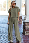 Navy Blue Raw Hem Loose Tee and Wide Leg Pants Set