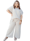 Beige Plus Size Textured Collared Top and Drawstring Pants Set