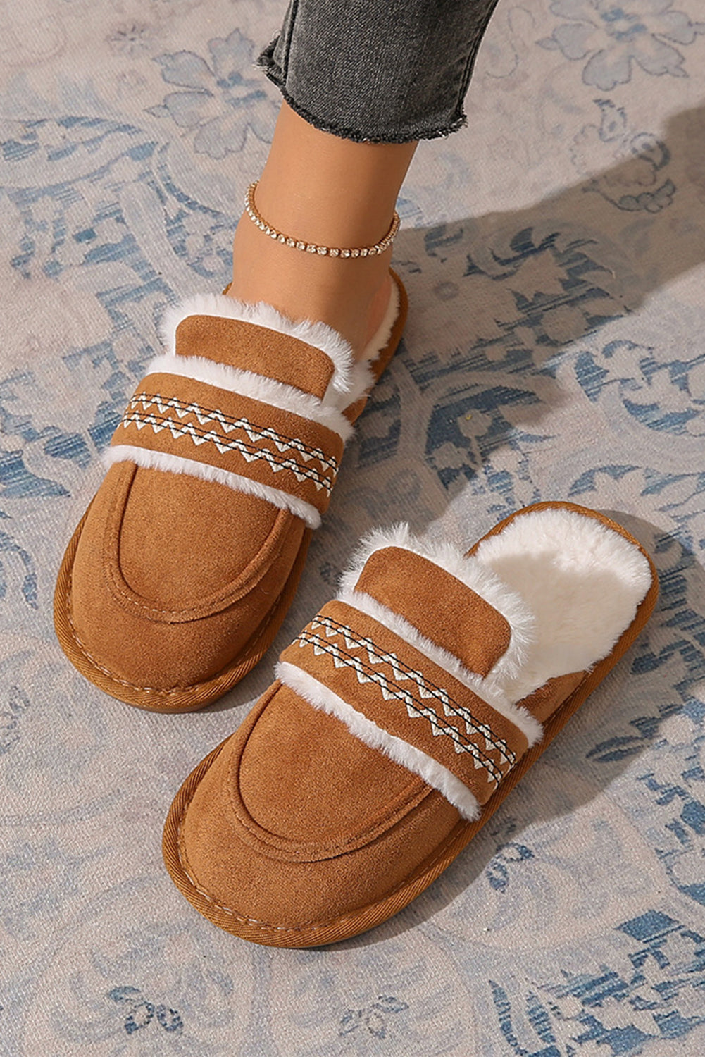 Chestnut Suede Wavy Striped Plush Lined Home Slippers