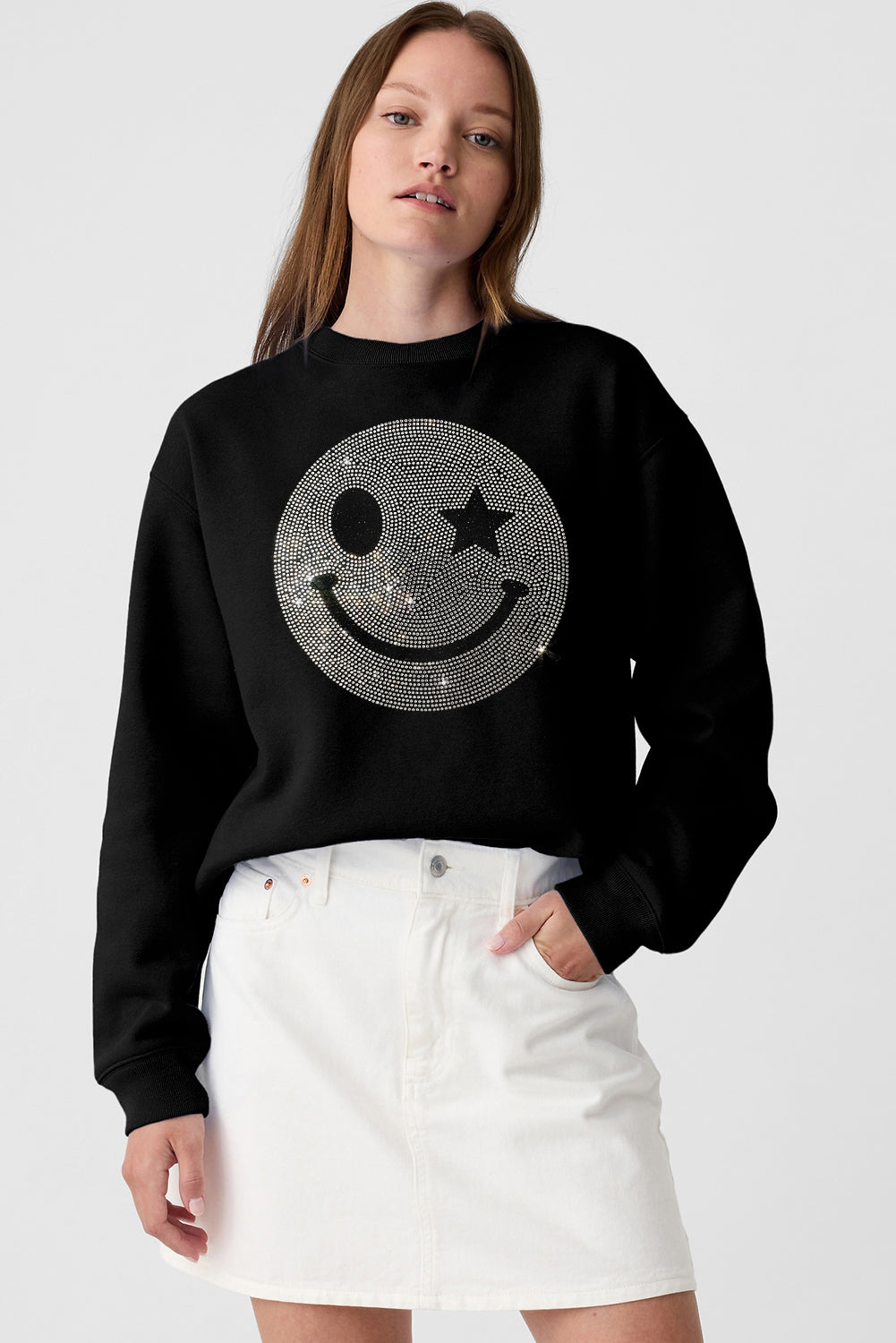 Valerian Rhinestoned Smile Graphic Crew Neck Sweatshirt