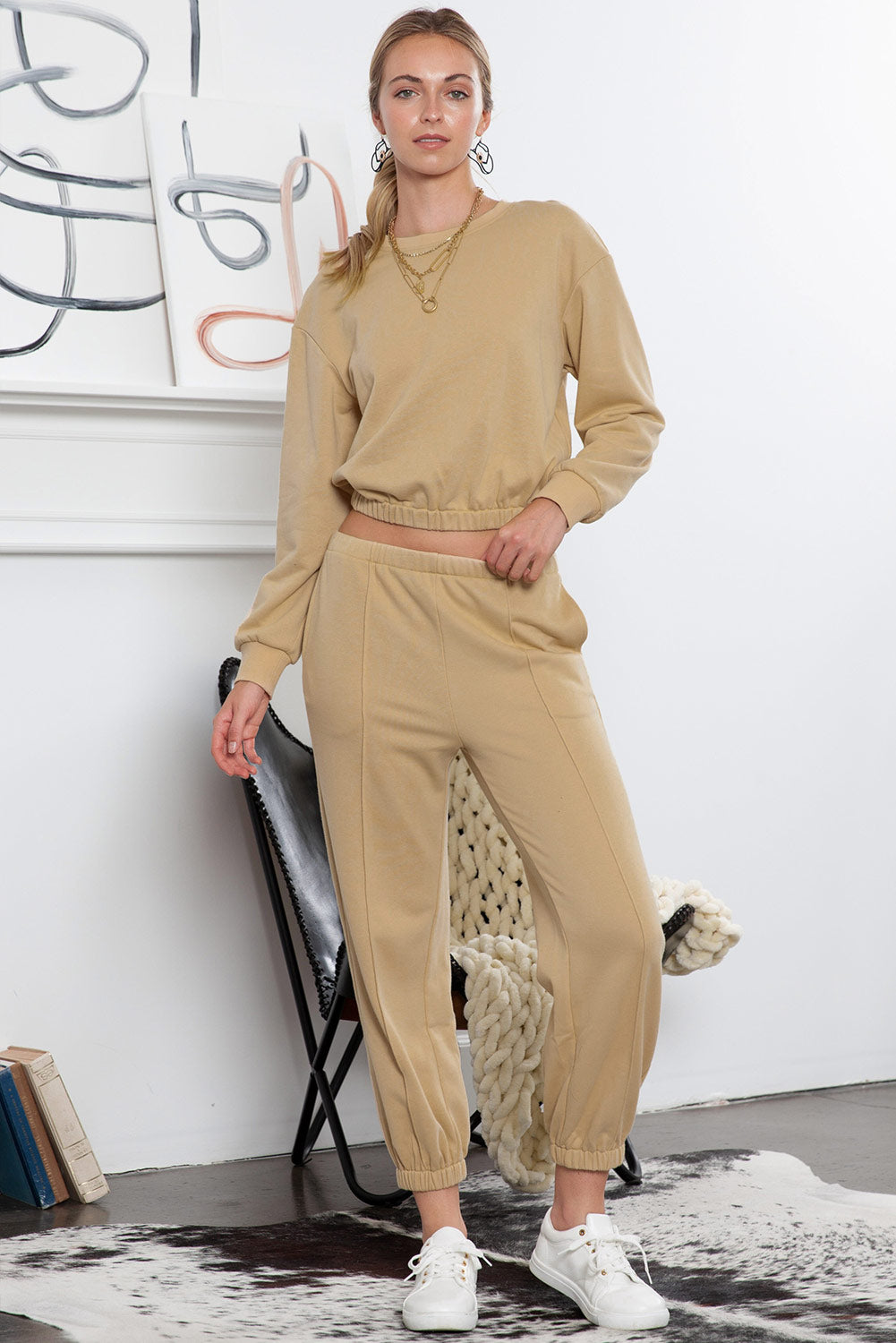 Khaki Solid Color Basic High Waisted Two Piece Jogger Set