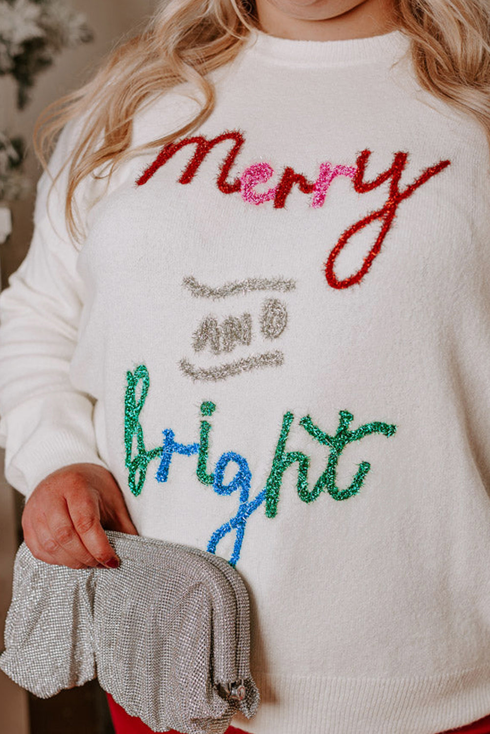 White Tinsel Merry AND Bright Plus Size Christmas Sweater