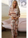 Multicolour Geometric Print Puff Sleeve Pullover and Pants Lounge Outfit