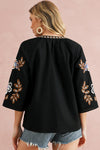 Black Floral Embroidered Sleeve Bohemian V Neck Blouse