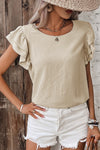 Mist Blue Solid Color Ruffle Sleeve Crinkled Blouse