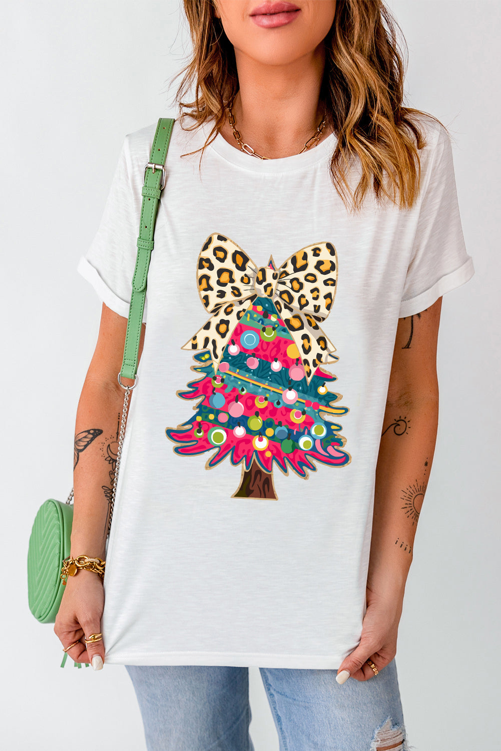 White Leopard Bow Decor Christmas Tree Graphic Crewneck Tee