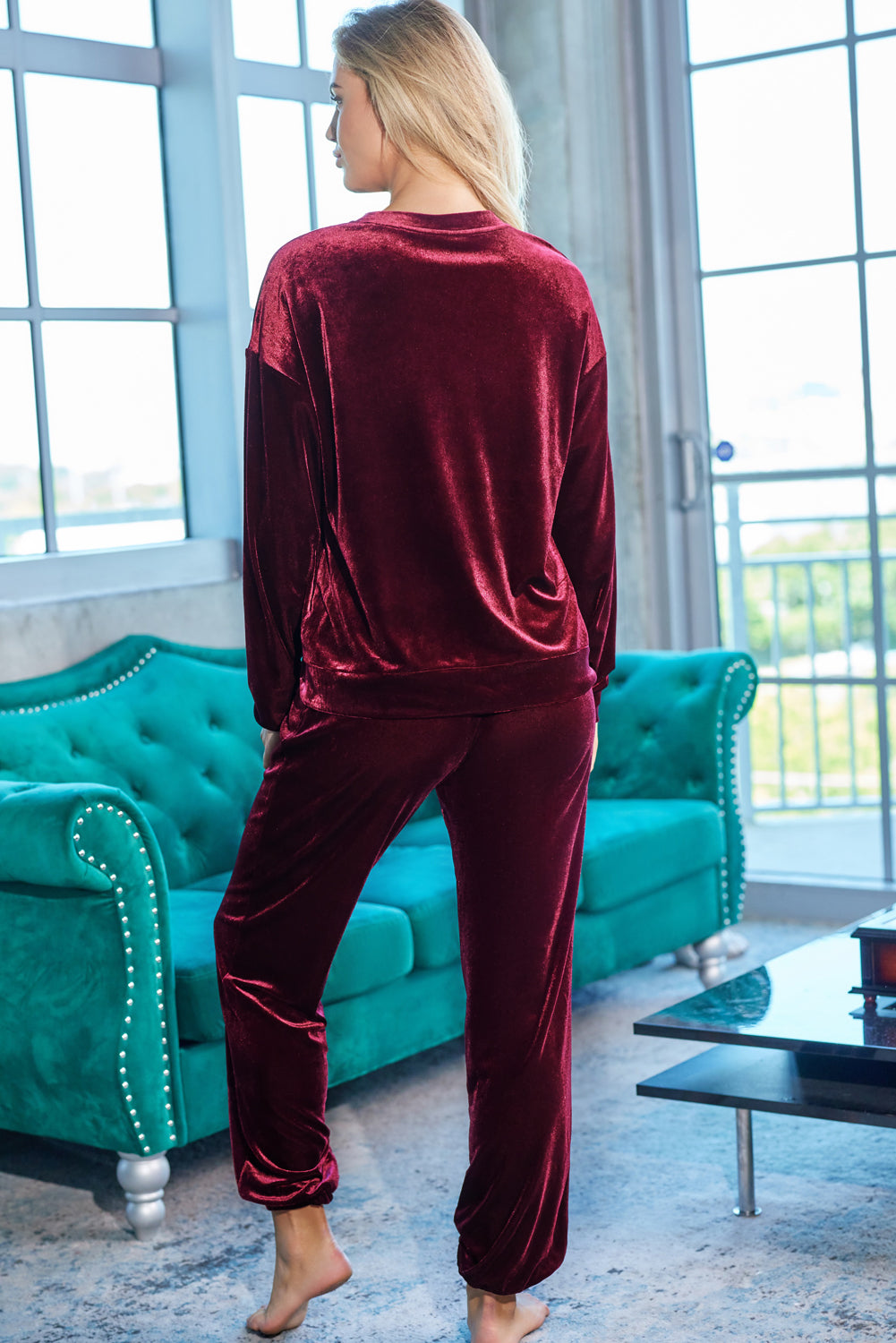 Red Solid Velvet Round Neck Top & Drawstring Pants Longe Set