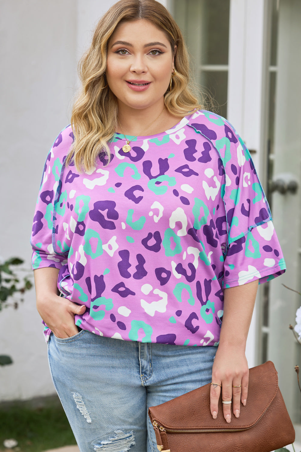 Purple Leopard Print Plus Size Short Sleeve Tee