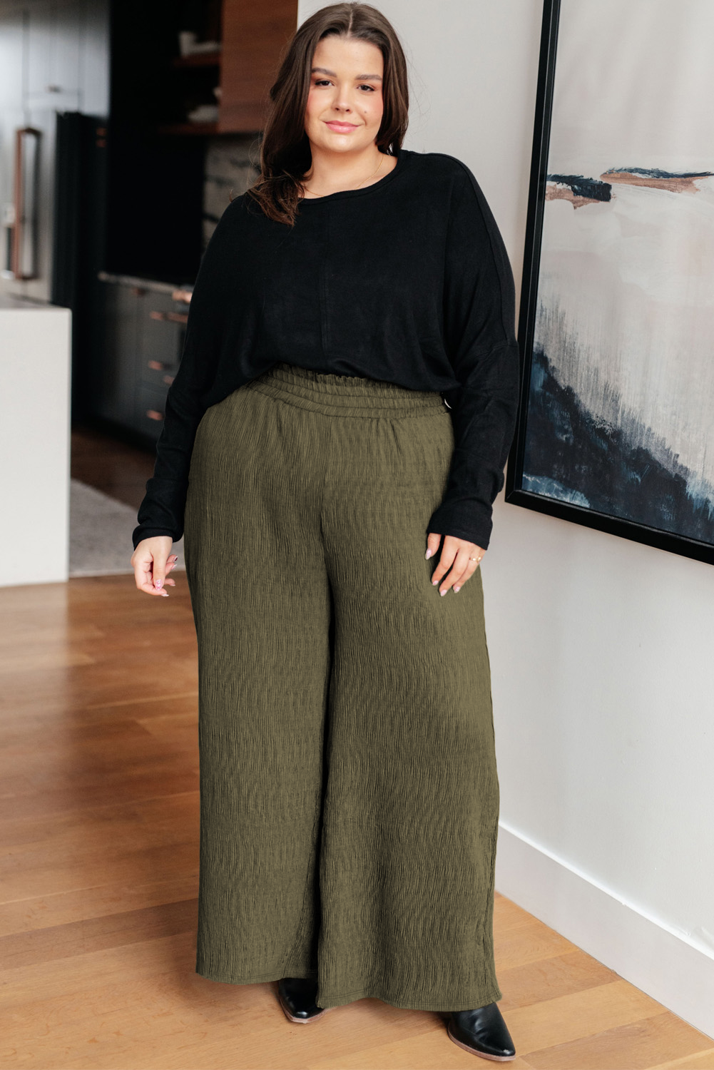 Jungle Green Plus Size Textured Shirred High Waist Pants