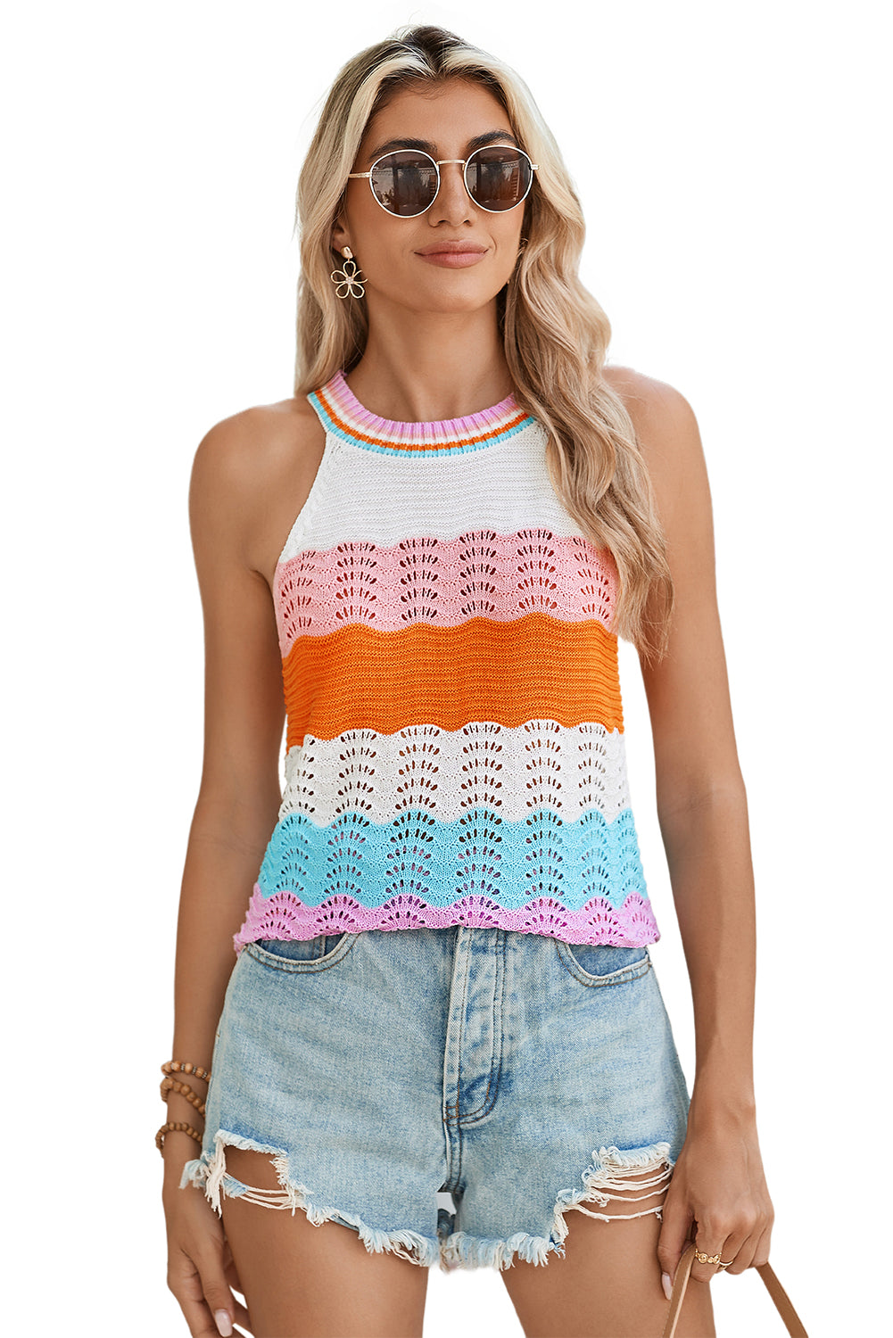 Multicolour Wavy Striped Print Knit Sleeveless Top