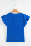 Dark Blue Ruffle Sleeve Textured Smocked Blouse