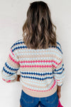 Khaki Striped Eyelet Pattern Drop Shoulder Sweater