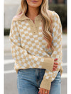 Apricot Checkered Buttons Collar V Neck Drop Shoulder Sweater