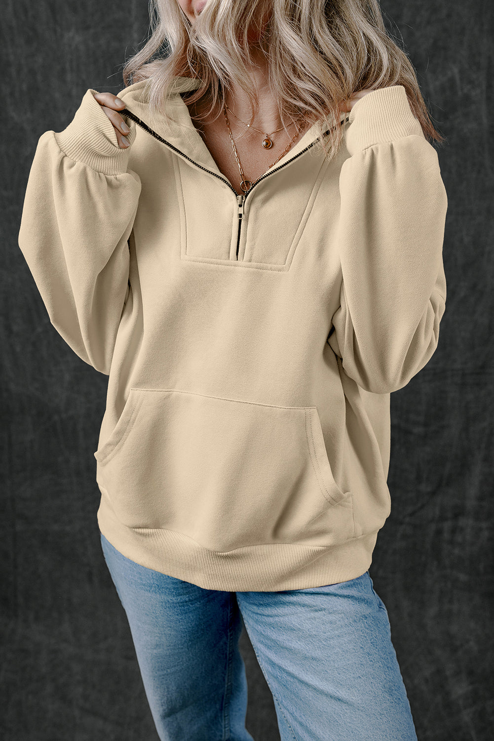 Black Zip-up Stand Neck Kangaroo Pocket Sweatshirt