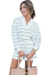 White Striped Zip Collar Pullover and Shorts Set