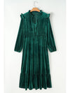 Blackish Green Frill Neck Velvet High Waist Plus Size Dress