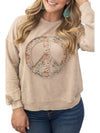 Pale Khaki Floral Peace Graphic Washed Plus Size Sweatshirt