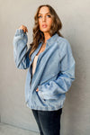 Myosotis Elastic Hem Collared Zip Up Denim Jacket