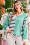 Green Stripe Colorblock Patchwork Side Split Sweatshirt